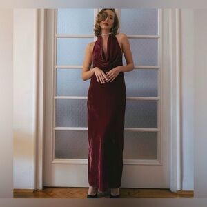 Zara Raspberry Velvet Halter Maxi Dress Blogger Favorite Draped Open Back Size M
